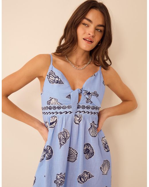 Accessorize Blue Cotton Shell Print Midi Dress