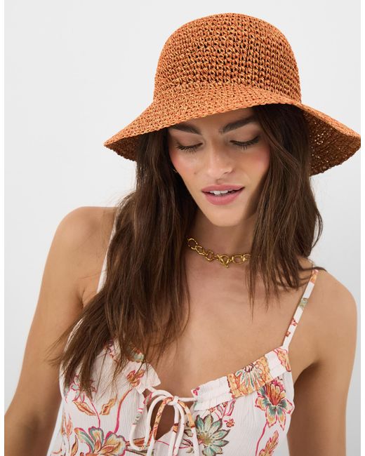 Accessorize Brown Crochet Straw Bucket Hat