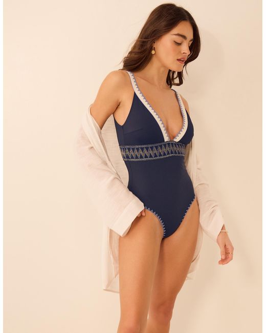 Accessorize Blue One-Piece Sleeveless Regular Geometric Stitch Plunge Swimsuit