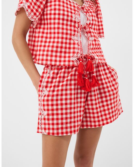 Accessorize Red Lace Tassel Drawstring Waist Short Cotton Gingham Print Cutwork Shorts