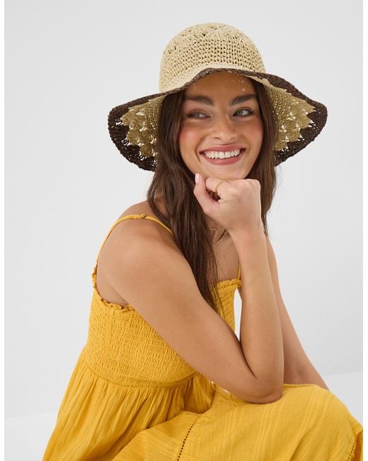 Accessorize Natural Two Tone Crochet Straw Bucket Hat