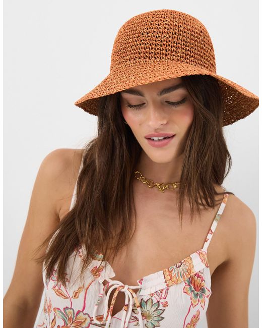 Accessorize Brown Crochet Straw Bucket Hat