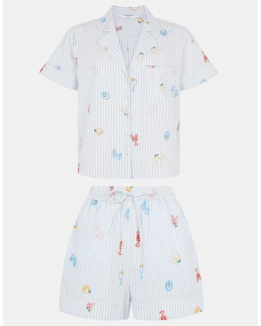Accessorize White Embroidered Stripe Short Pyjamas Set