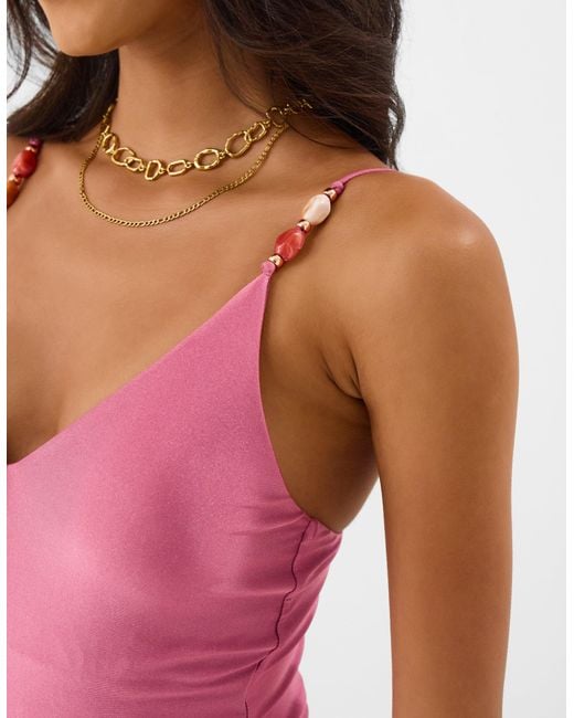 Accessorize Pink Bead Detail V-Neck Swimsuit