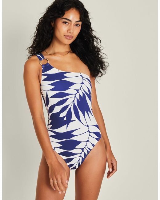 Accessorize Blue/white Palm Print One-shoulder Swimsuit Blue