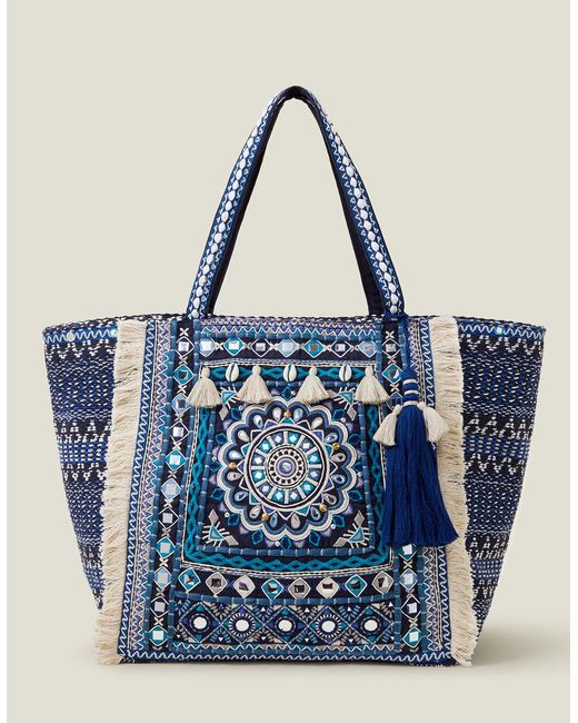 Accessorize Blue Women's Red Embroidered Tassel Tote Bag