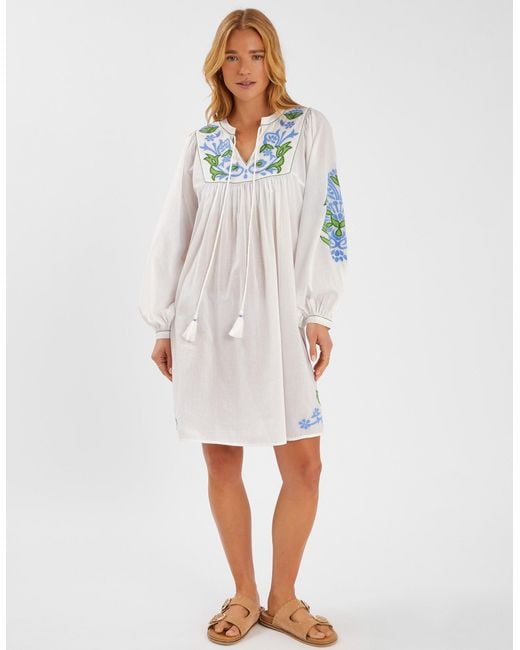 Accessorize White Embroidered Long Sleeve Cotton Smock Dress