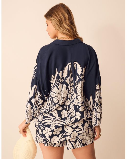 Accessorize Blue Long Sleeve Collared Shirt Regular Floral Print, & Cream