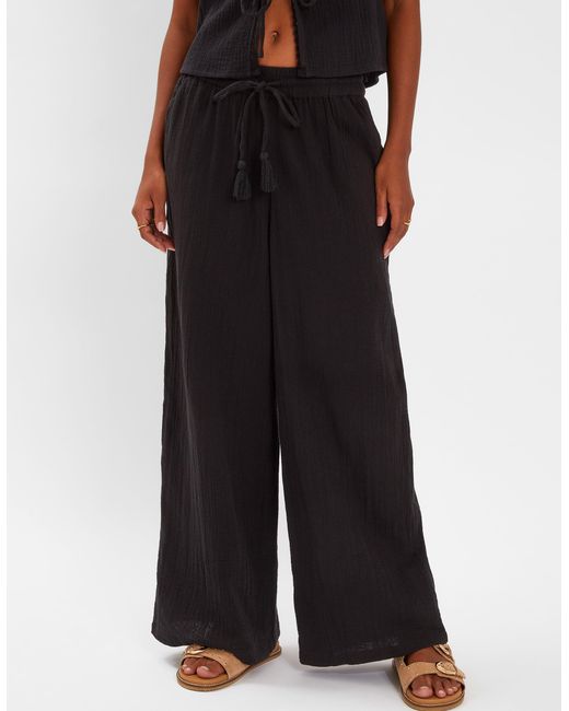 Accessorize Black Wide Leg Relaxed Fit Cotton Crinkle Beach Trousers
