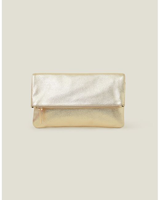 Accessorize Natural Leather Metallic Fold Over Clutch Gold