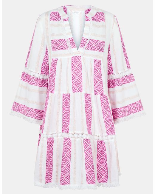 Accessorize Pink Cotton Jacquard Shimmer Flute Sleeve Mini Dress