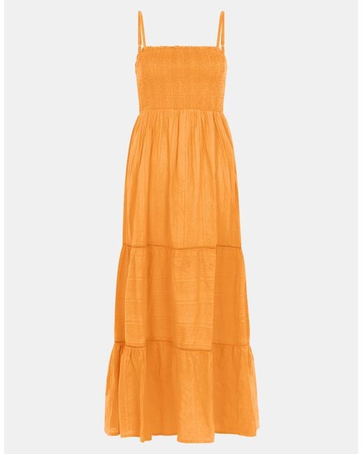 Accessorize Yellow Cotton Shimmer Smocked Midi Dress