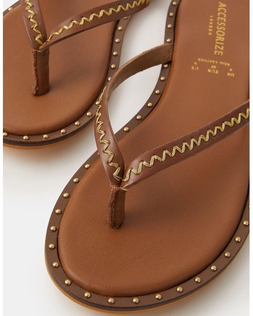 Accessorize Brown Stud Leather Flip Flops