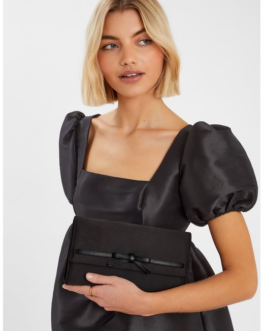 Accessorize Black Leather Bow Satin Clutch Bag