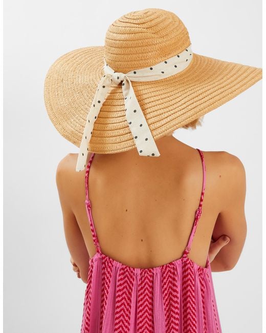 Accessorize Natural Polka Dot Bow Floppy Straw Hat