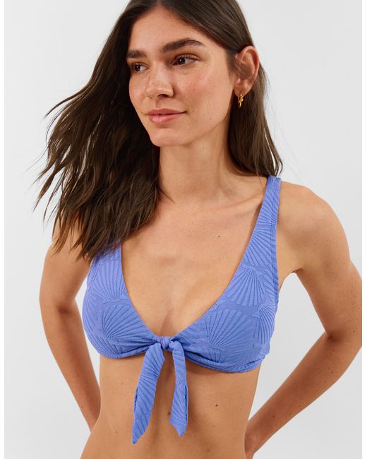 Accessorize Blue Shell Embossed Tie Bikini Top