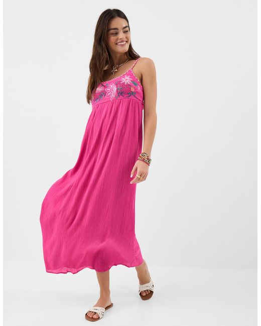 Accessorize Pink Midi Cotton Sleeveless Round Neck Embroidered Floral Tie Back Dress