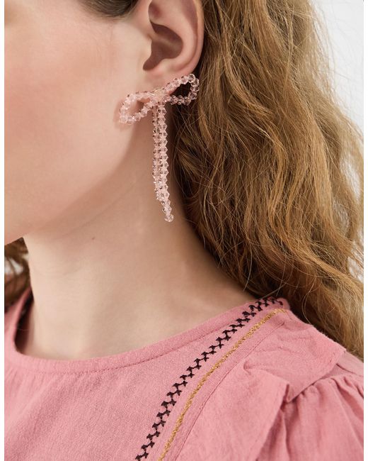 Accessorize Pink Beaded Bow Drop Earrings