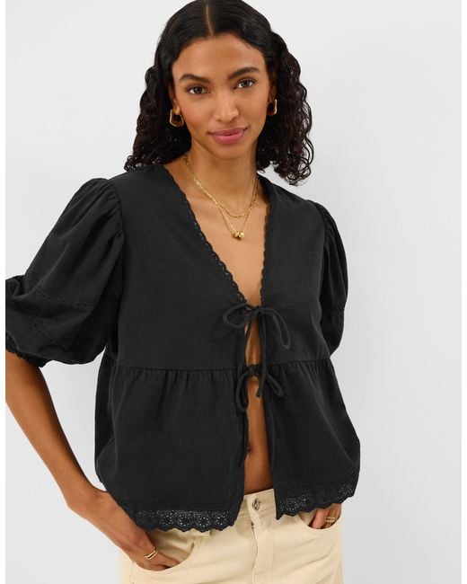 Accessorize Black Short Sleeve V-Neck Cotton Blouses Regular Puff Tie Front Blouse