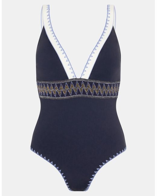 Accessorize Blue One-Piece Sleeveless Regular Geometric Stitch Plunge Swimsuit