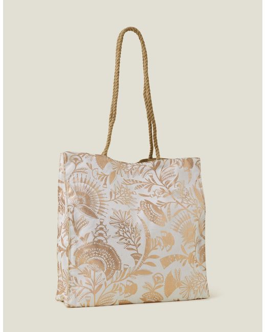 Accessorize Natural Women's White And Gold Cotton Metallic Jute Shopper Bag