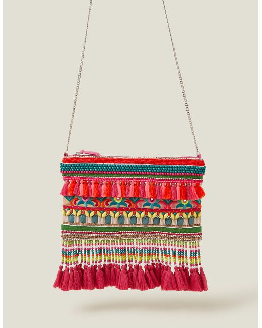 Accessorize White Women's Pink/red/green Hand-embellished Fringe Bag
