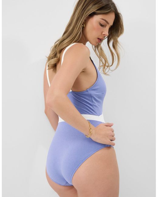 Accessorize Blue One-Piece Sleeveless Regular Textured Contrast Shaping Swimsuit, Light