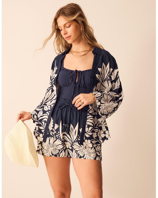Accessorize Blue Long Sleeve Collared Shirt Regular Floral Print, & Cream