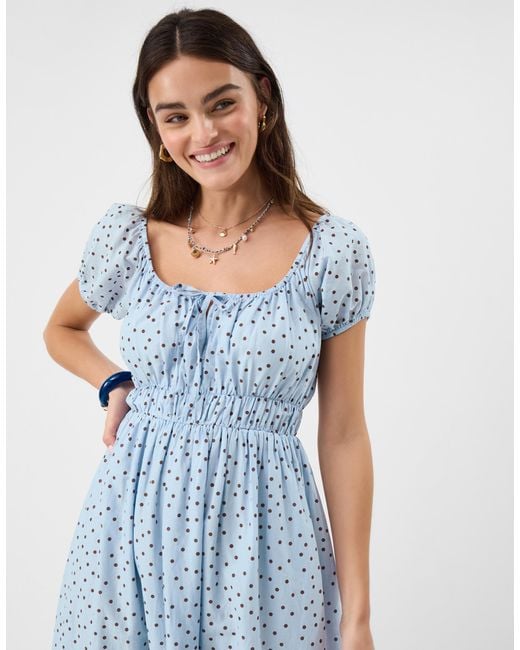 Accessorize Blue Midi Short Sleeve Square Neck Puff Cotton Polka Dot Dress