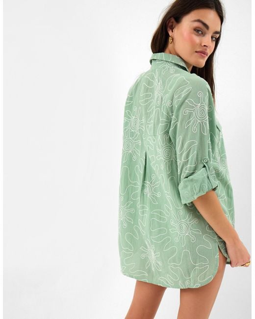 Accessorize Green Cotton Sun Embroidered Beach Cover Up Shirt