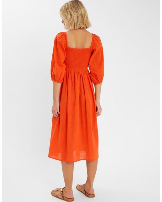 Accessorize Palm Embroidered Cotton Puff-Sleeve Midi Dress