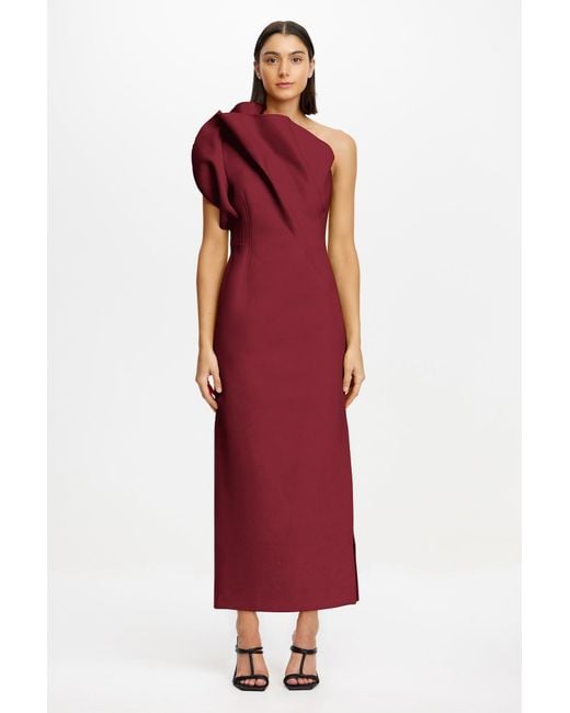 Acler Red Asymmetrical Neckline Midi Dress For
