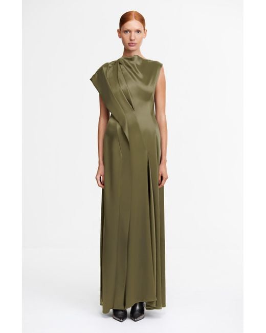 Acler Women's Green Maxi Dress, Asymmetrical Design, High Cowl Neckline,  Single Cap Sleeve