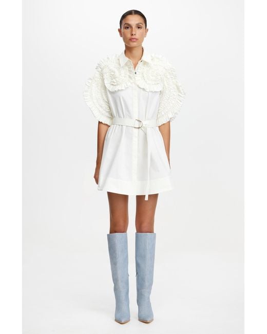 Acler White Gedney Mini Shirt Dress For Cotton, Button Front, Frill Detailing