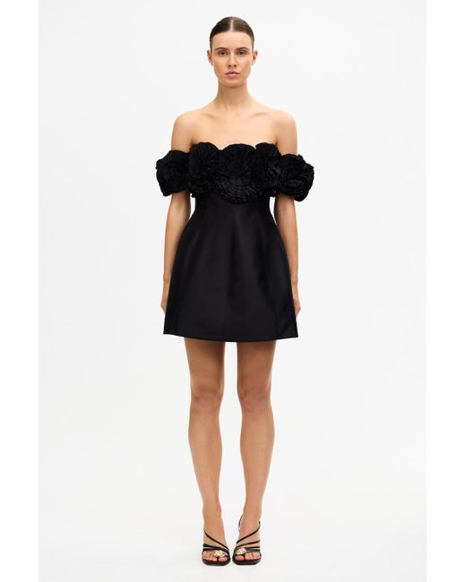Acler Black Trusley Mini Dress For Heavy Satin, Off-The-Shoulder, Rosette Details, Fully Lined, Centre-Back Invisible Zip