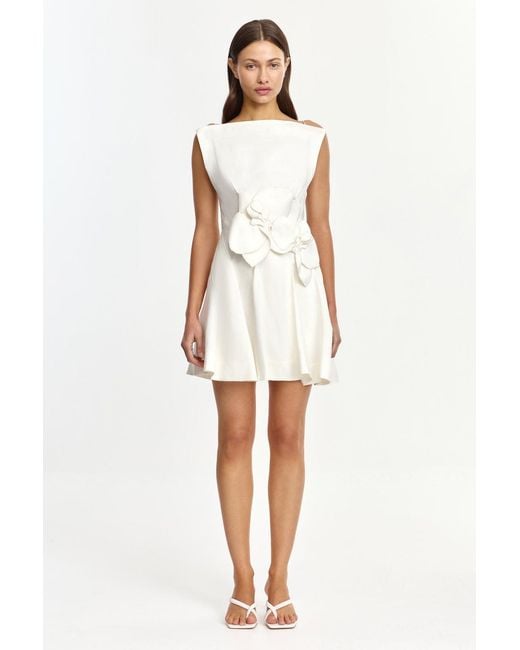 Acler White Warra Mini Dress By Woven Linen Blend, Fully Lined