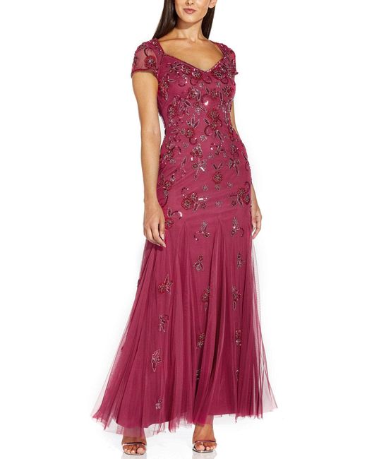 Adrianna Papell V Neck Sequin-appliqued Evening Gown in Red | Lyst