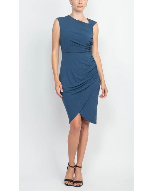 London Times Asymmetrical Ruched Sheath Dress in Blue | Lyst
