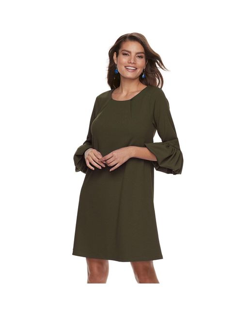 Nina Leonard Quarter Length Flounce Sleeve Crepe Dress C in Green | Lyst