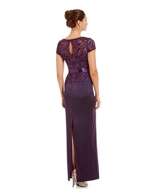 Adrianna Papell Short Sleeve Lace Bodice Long Dress in Purple | Lyst
