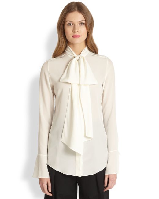 Chloé Silk Tie-Neck Blouse in Natural | Lyst