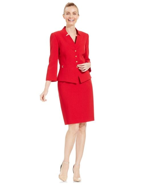 Tahari Petite Four-button Crepe Skirt Suit in Red