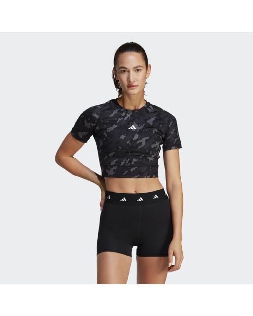 Adidas Black Techfit Camo Print Crop Training T-shirt