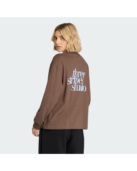 Adidas Brown 3 Stripes Studio Boyfriend Long-Sleeve Top Long-Sleeve Top