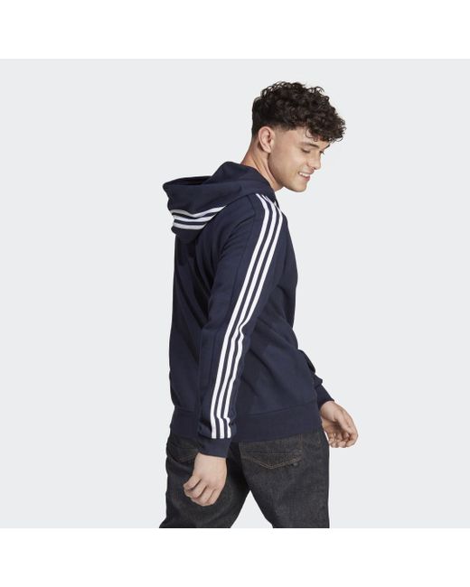 Adidas Blue Essentials French Terry 3-stripes Full-zip Hoodie for men