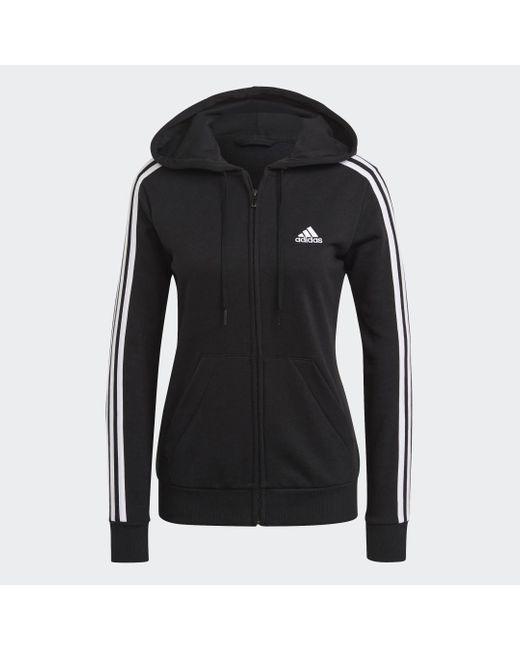 Adidas Black Essentials French Terry 3-Stripes Full-Zip Hoodie