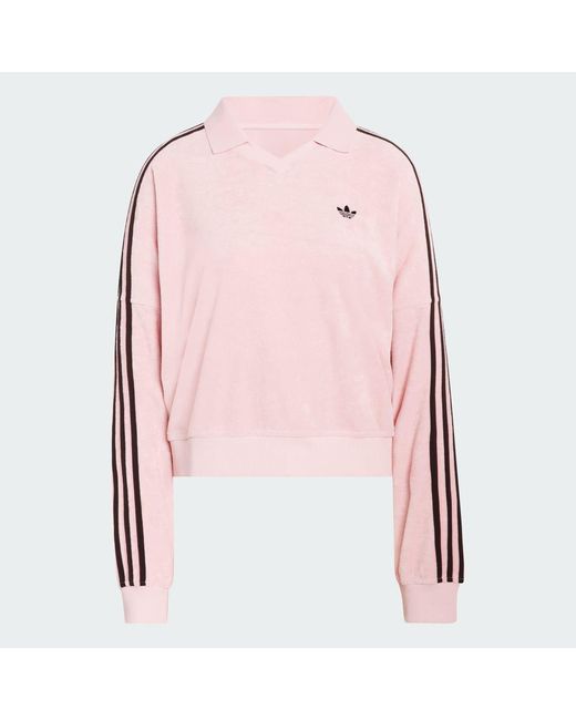 Adidas Pink Terry Towel V Neck Long Sleeves Polo Shirt