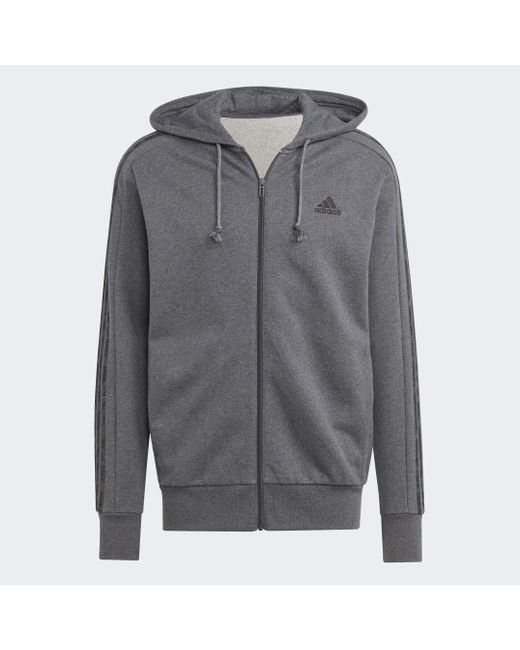 Adidas Gray Essentials French Terry 3-stripes Full-zip Hoodie for men