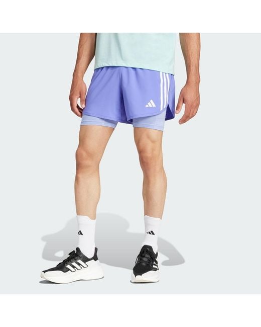 Adidas Blue Own The Run 3-Stripes 2-In-1 Shorts for men