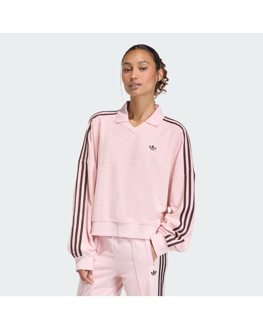 Adidas Pink Terry Towel V Neck Long Sleeves Polo Shirt